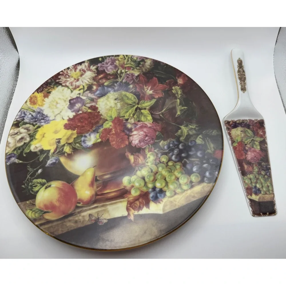 Formalities by Baum Bros Bohemian Porcelain Cake Plate & Server Set Floral Fruit